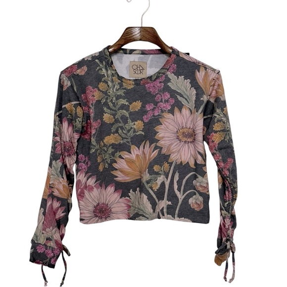 NEW CHASER Drawstring Shirred Long Sleeve Cropped Pullover Floral Top Size Small - Picture 4 of 12